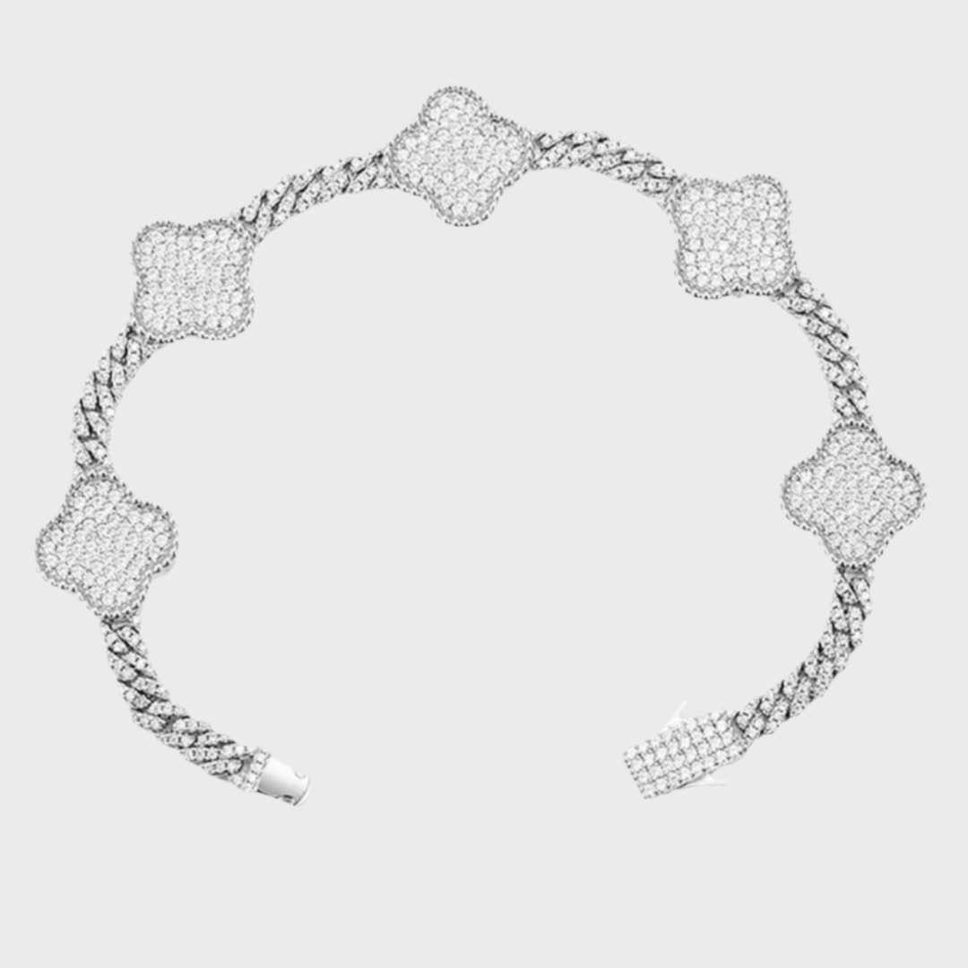Moissanite Cuban Clover Armband s925 - Weissgold – Exklusiver Schmuck aus 925 Sterling Silber mit brillantem Silberglanz, optional veredelt mit VVS Moissanite Steinen – edel, hautverträglich & anlaufgeschützt