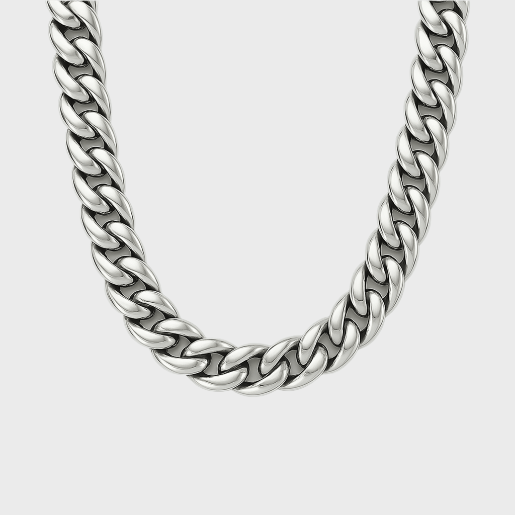 Clean Cubana Kette - 12 mm Weissgold – Hochwertiger Schmuck aus rostfreiem Edelstahl & Titanium Steel mit funkelnden Zirkonia-Steinen, wasserfest & kratzfest – ideal für den Alltag