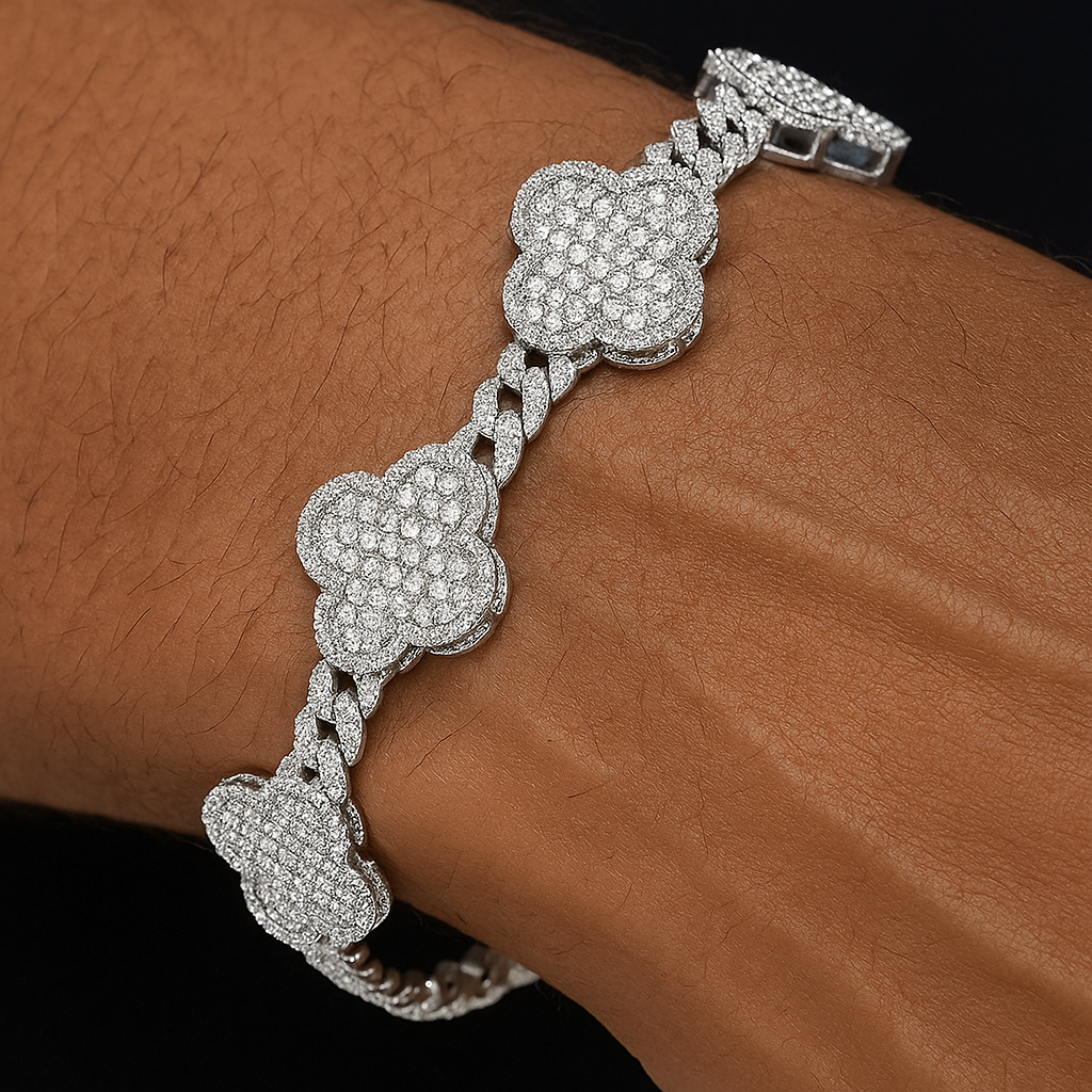 Moissanite Cuban Clover Armband s925 - Weissgold – hochwertiger Unisex Schmuck aus Weißgold mit Zirkonia | wasserfest & langlebig – Velorys