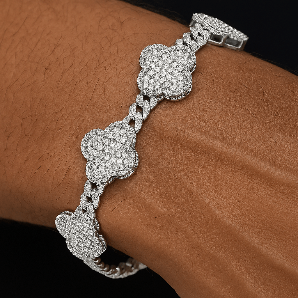 Moissanite Cuban Clover Armband s925 - Weissgold – Exklusiver Schmuck aus 925 Sterling Silber mit brillantem Silberglanz, optional veredelt mit VVS Moissanite Steinen – edel, hautverträglich & anlaufgeschützt