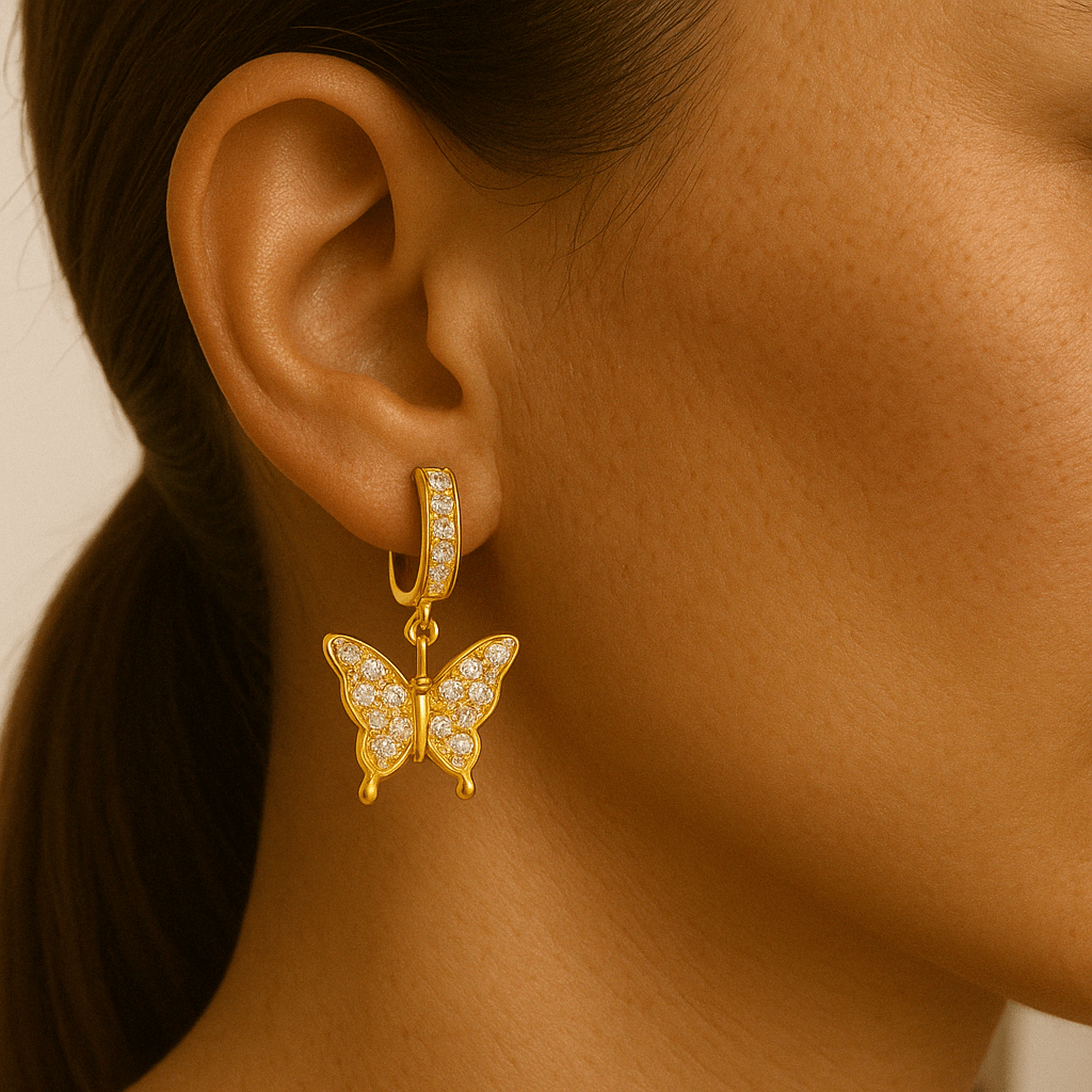 Butterfly Ohrringe - 18K vergoldet – 18k vergoldeter Unisex Schmuck aus Edelstahl mit Zirkonia | wasserfest & langlebig – Velorys
